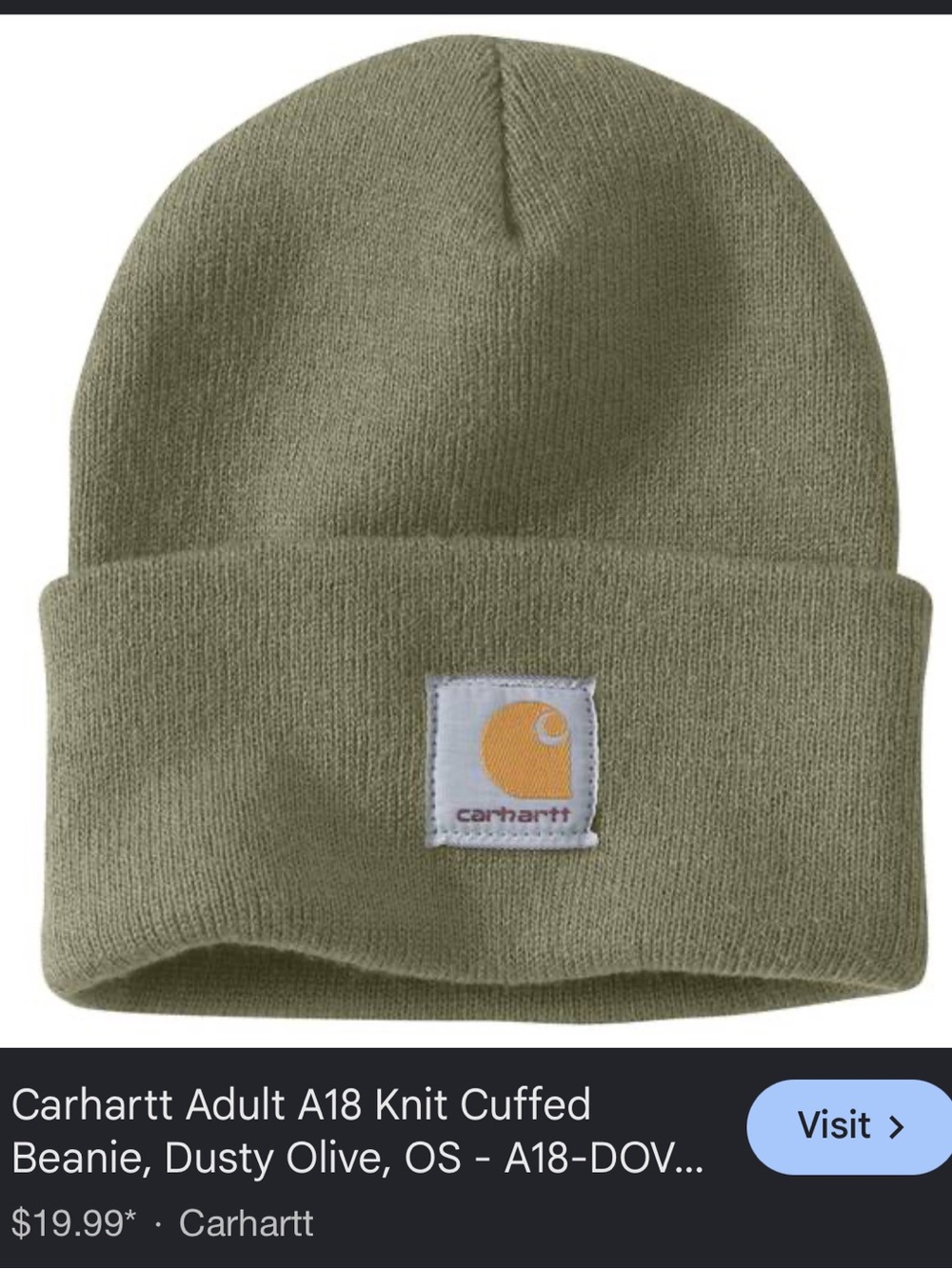 Carhartt Adult A18 Knit Cuffed Beanie- Dusty Olive- Acrylic Hat- OS- NWT